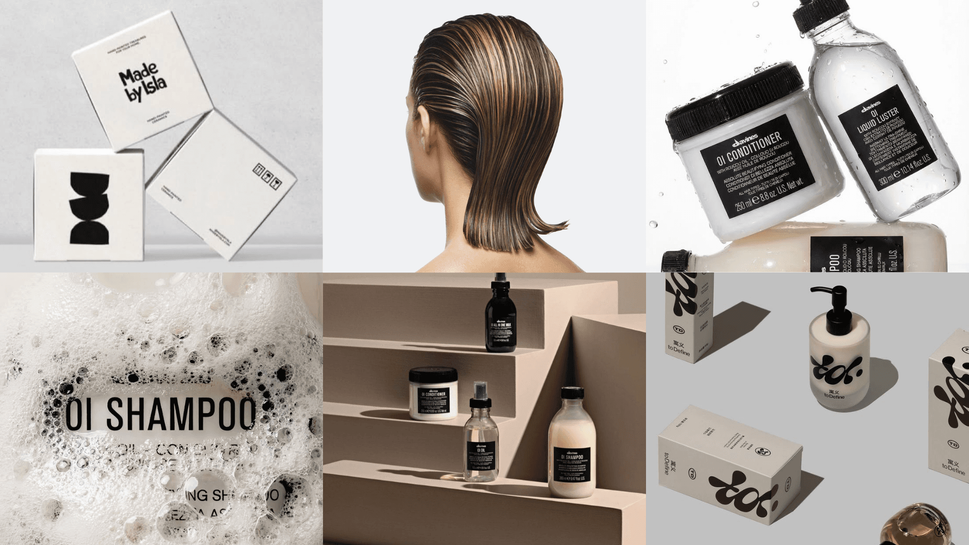 Moodboard 2: referências de embalagens minimalistas e hair editorial