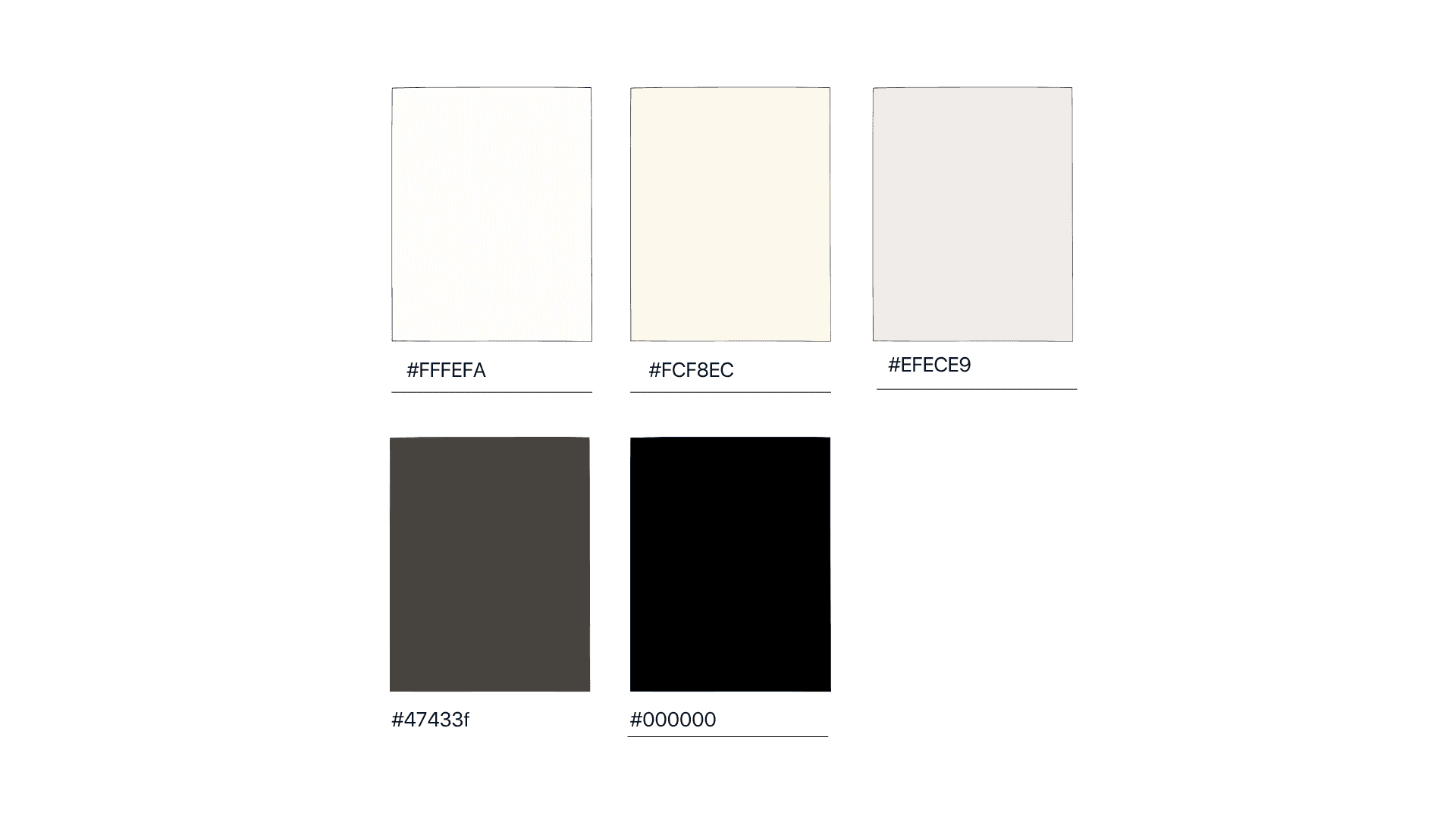 Paleta cromática proposta: três tons de off-white, cinza-grafite e preto absoluto